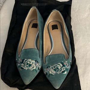 White House Black Market Teal Embroidered Pointed-Toe Flats
